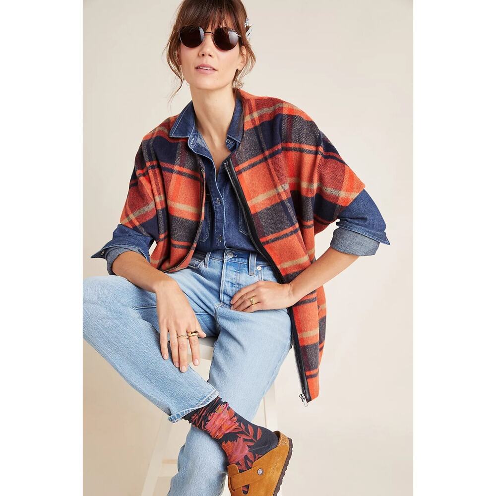 Anthropologie Andersen & Lauth Annie Capelet Erica, One Size, Orange/Navy Plaid